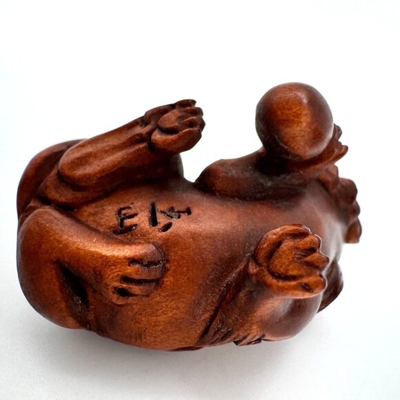 Ojime Netsuke 2 Foo Dog Lion Figurines Hand-Carved Boxwood Signed No Hole #2.2 - Picture 5 of 8